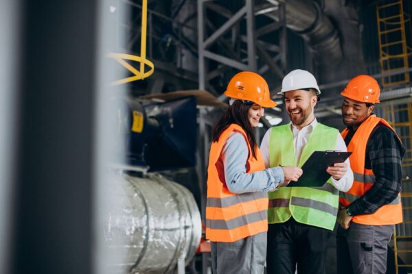 Three Factory Workers In Safety Hats Discussing Manufacture Plan